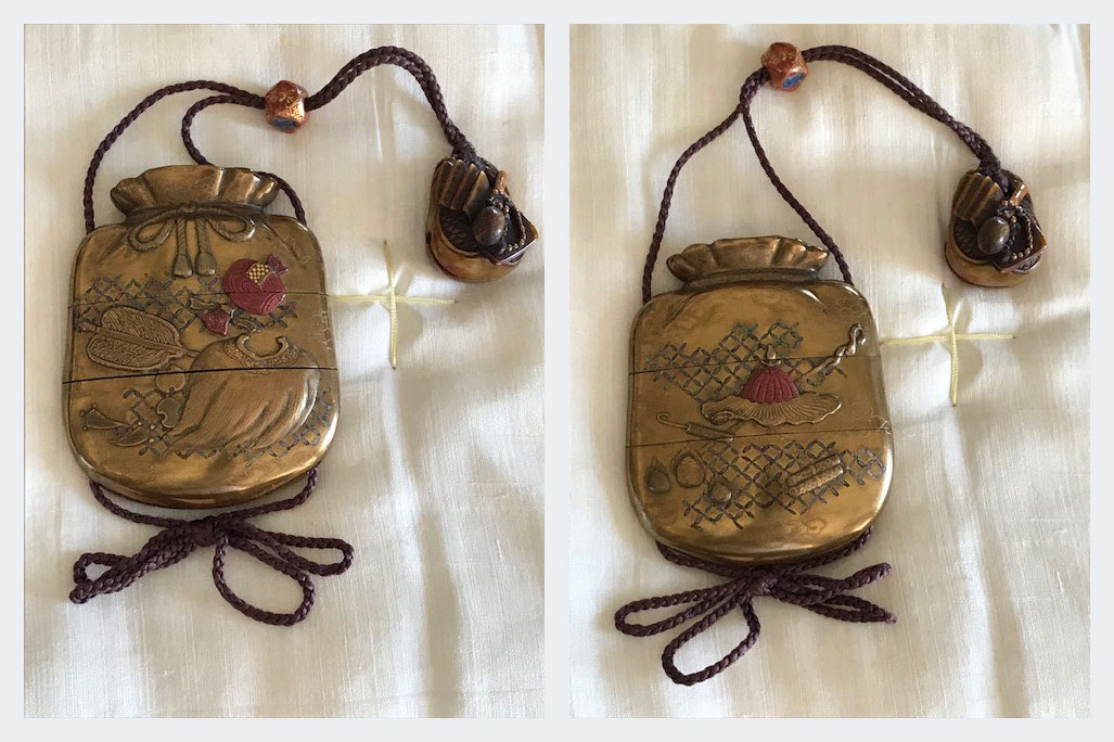 Two case inro in the shape of a pouch signed Seishin (Narinobu)